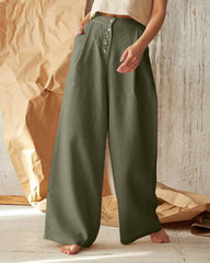 Solid Color High Waist Casual Button Wide Leg Pant