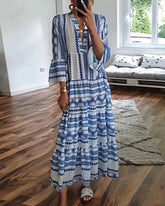 Printed Deep V Neck Long Sleeve Flared Sleeve Maxi Dress