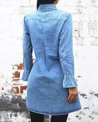 Denim Dress Long Sleeve Button Down Distressed Loose Casual Mini Shirt Dress