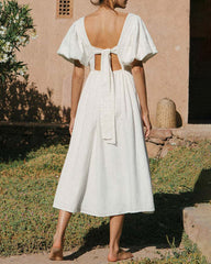 Puff Sleeve Deep V-Neck Open Back Tie Elegant Long Dress