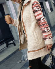 Ethnic Style Print Coat Lapel Zip Long Sleeve Plush Patchwork Jacket Outerwear