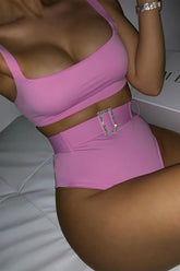 Hot Pink High Waist Bikini Bottom With Diamante Belt