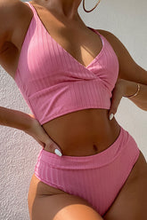 Pink Ribbed High-Waist Bikini Bottoms
