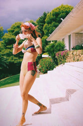 Multicoloured Shimmer Color-Block Velvet High Waisted Bikini Bottom