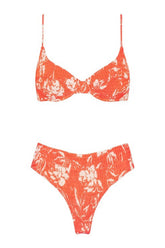 Salmon Floral Ruched High Waisted Bikini Bottom