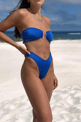 Blue Bandeau Bikini Top With A U-Shaped Metal Link