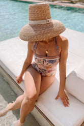 Vintage Taupe Floral Print Reversible Tie-Shoulder One Piece Swimsuit