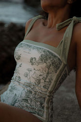 Spring Green Floral Print Reversible Tie-Shoulder One Piece Swimsuit