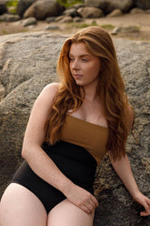 Color Block Halter Neck Open Back One Piece Swimsuit - Black & Chocolate