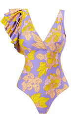 Hibiscus Print Ruffled Plunge One Piece Swimsuit
