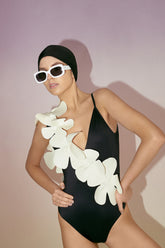 White Petals V-Neck One Piece Swimsuit