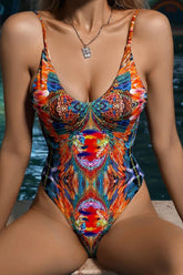 Feather Printed V Neck High Leg Open Back One Piece Swimsuit