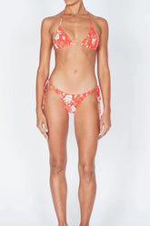 Orange Floral Crinkle Halter Tie Side Bikini Set