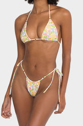 Halter Triangle Tie Side Bikini Set With Ring Detailing - Retro Flowers