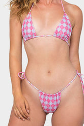 Jacquard Printed Halter Triangle Tie Side Bikini Set With Ring Detailing