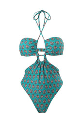 Floral Printed Cutouts Halter One Piece Swimsuit - Green