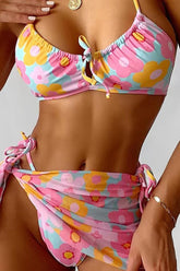 Floral Halter Gathered Tie Front Tie Side Bikini Set