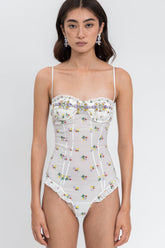 Floral-Print Ruffled Trim Ruched Underwire One Piece Swimsuit With Crystal Embroidered Detailing