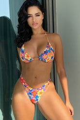 Floral Crinkle Triangle Halter High Cut Bikini Set