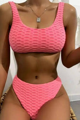 Checkered Terry Towel Cropped High Waisted Bikini Set - Hot Pink/Greenyellow/Aquamarine