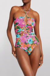 Floral Laceup Crossover Halterneck One Piece Swimsuit