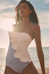 Colorblock Asymmetrical Ruffle Strapless One Piece Swimsuit