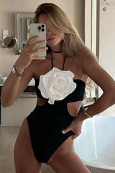 Rosette Halter Neck Cut-Out One Piece Swimsuit