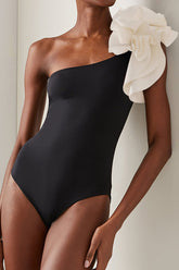 Black White Ruffled One Shoulder One Piece Swimsuit