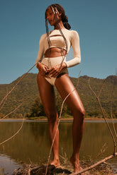 Textured Cut Out Long Sleeve One Piece Swimsuit - White