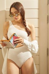 Crinkle Cut-Out One Shoulder One Piece Swimsuit - White