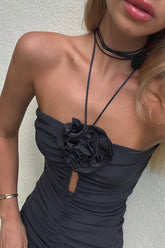 Black Flower Detail Ruched Cutout Stretch Halterneck One Piece Swimsuit