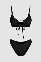 Textured Adjustable Tie Front Bikini Set - Black