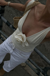 Cream V Neck 3D Flower Ruched One Piece Swimsuit