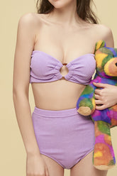 Crinkle Bandeau Tie-Shoulder High Waist Bikini Set With Tortoise Shell Ring Detail - Lilac