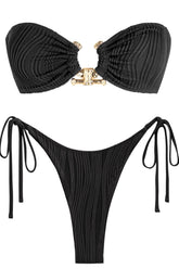 Wave Textured Hammered Trim Bandeau Tie Side Bikini Set - Black