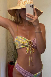 Leopard Daisy Print Tie Front Bandeau Bikini Set