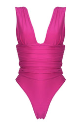 Plunge Ruched High-Leg One Piece Swimsuit - Hot Pink