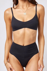 V Neck Bralette High Waist Bikini Set - Black