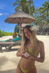 Drawstring Bralette Lace Up Tie Side Bikini Set - Avocado