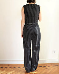 Striped Business Two-Piece Sets Sleeveless Crop Tops with Loose Fit Pants Suits
