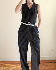 Striped Business Two-Piece Sets Sleeveless Crop Tops with Loose Fit Pants Suits