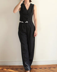 Striped Business Two-Piece Sets Sleeveless Crop Tops with Loose Fit Pants Suits