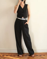 Striped Business Two-Piece Sets Sleeveless Crop Tops with Loose Fit Pants Suits