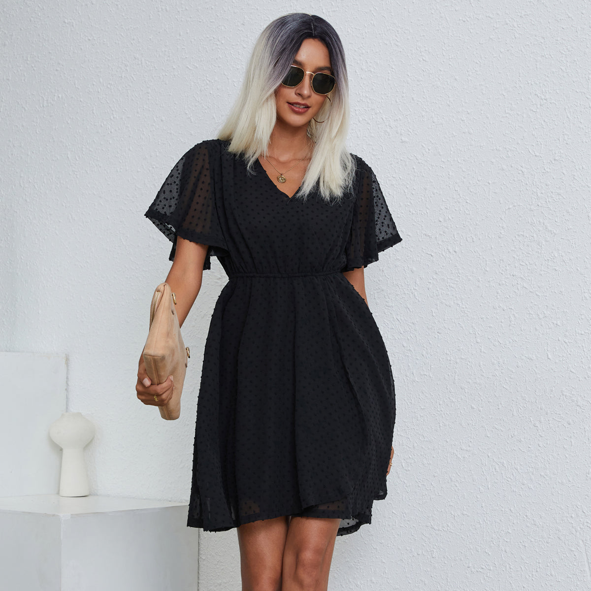 Solid Color V Neck Casual Mini Dress