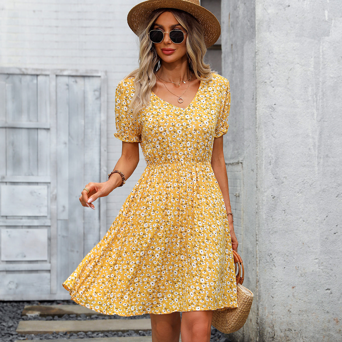 V Neck Floral Print Short Sleeve Mini Dress
