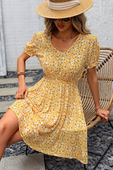 V Neck Floral Print Short Sleeve Mini Dress