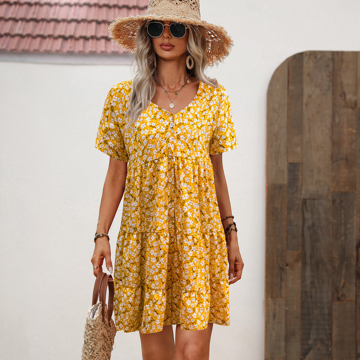 Floral Print V Neck Short Sleeve Casual Dress