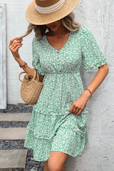 Floral Print Frill V Neck Casual Dress