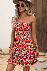 Smocked Bandeau Printed Ruffled Mini Dress