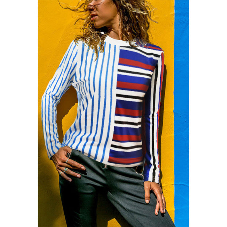 Women's Loose Round Neck Stripe Splicing Long Sleeve T-Shirt